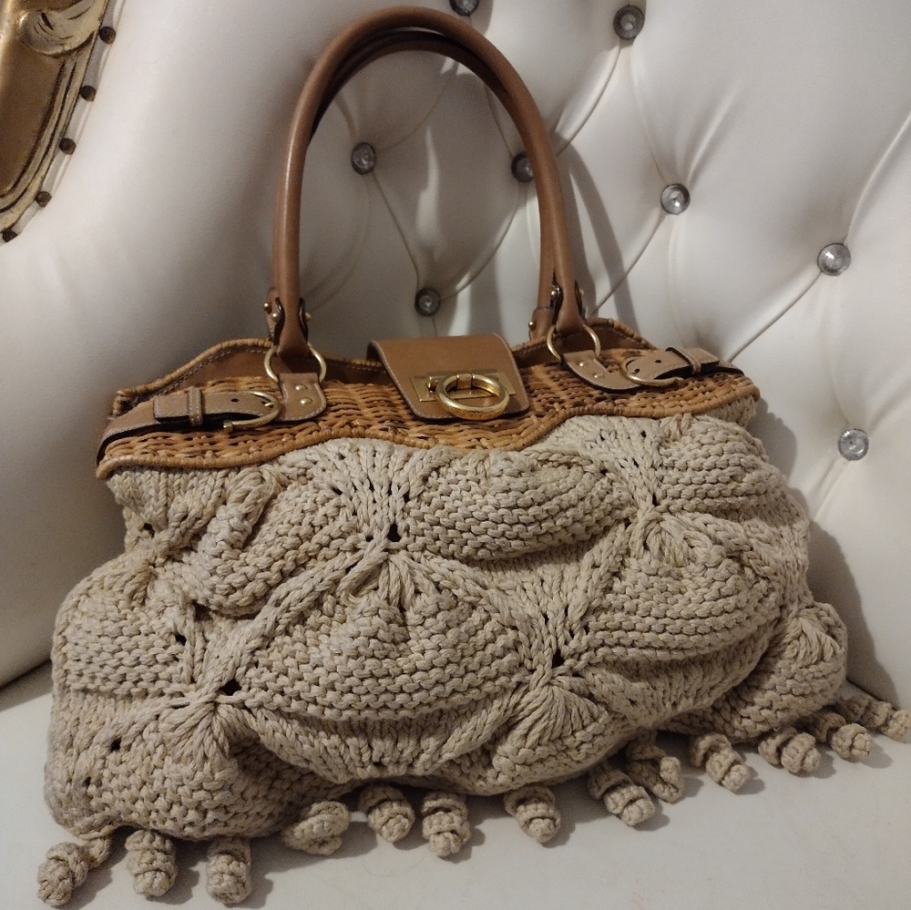 Authentic Salvatore Ferragamo Marisa crochet and wicker Large satchel
